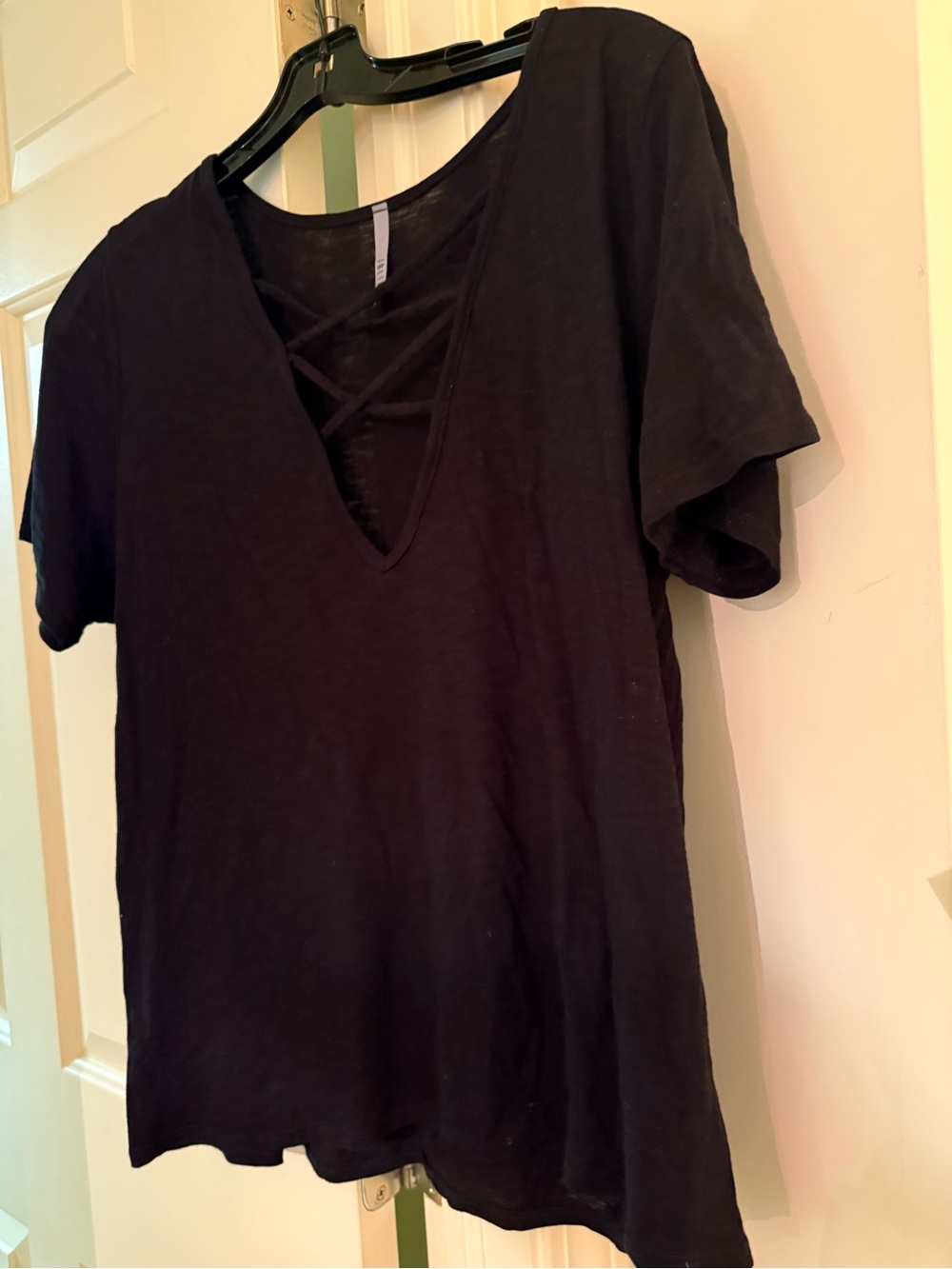 Jolie Black V-Neck Short Sleeve Top with Crisscross Detail